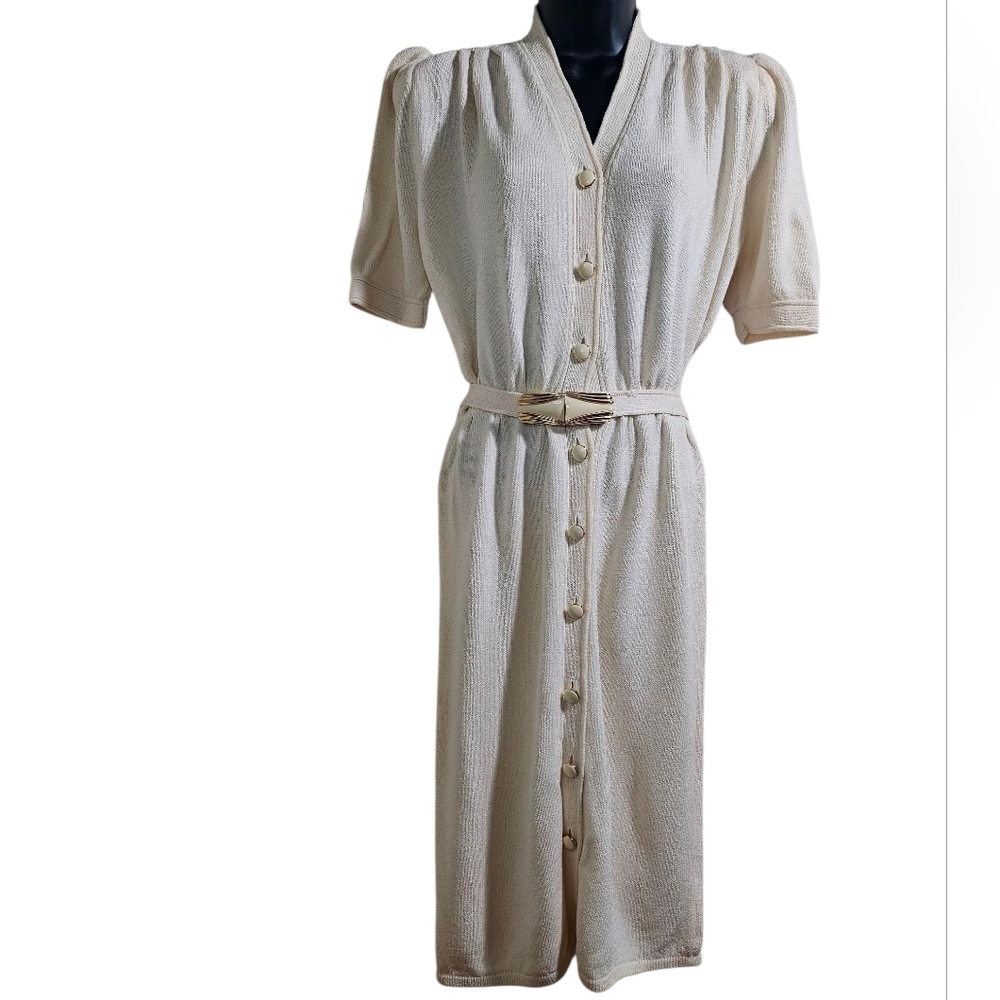 80s St. John Cream Sweater Knit Dress W Belt 6